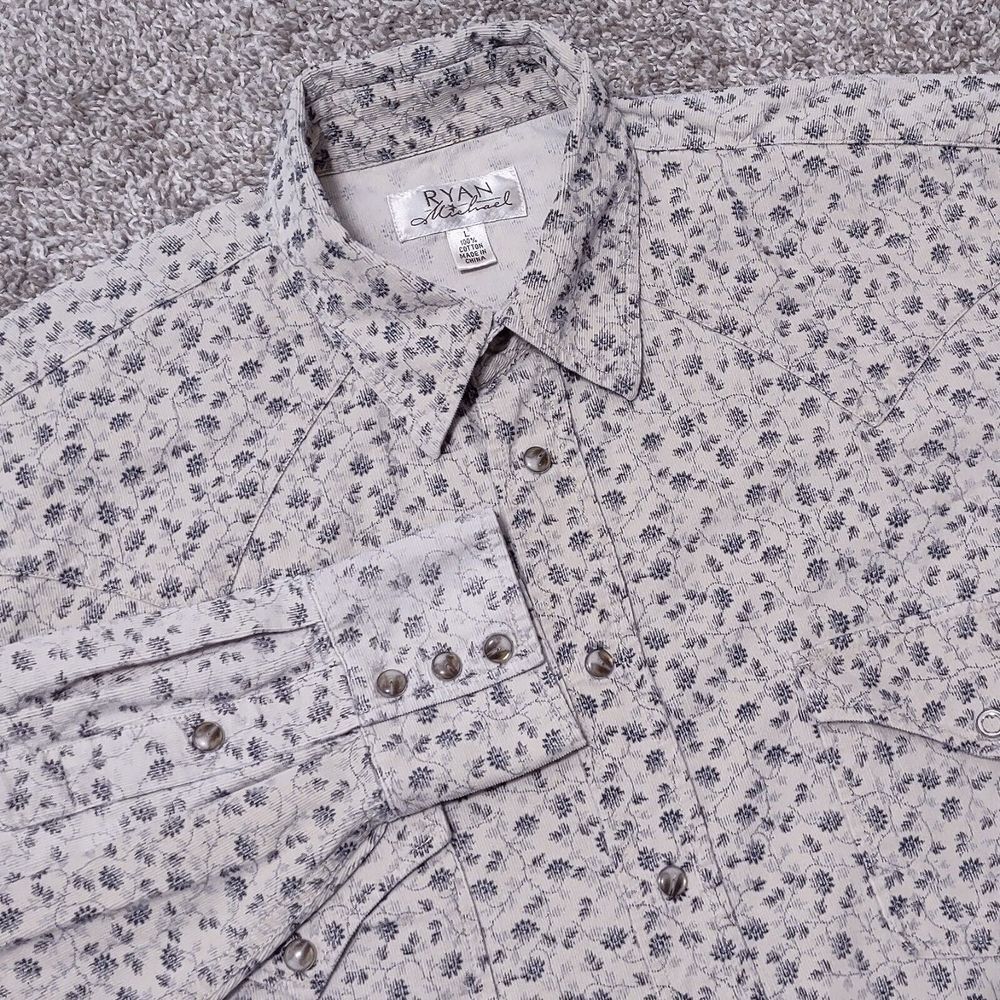Ryan Michael Shirt Mens Large L Off White Western Floral Pearl Snap Flap Pockets